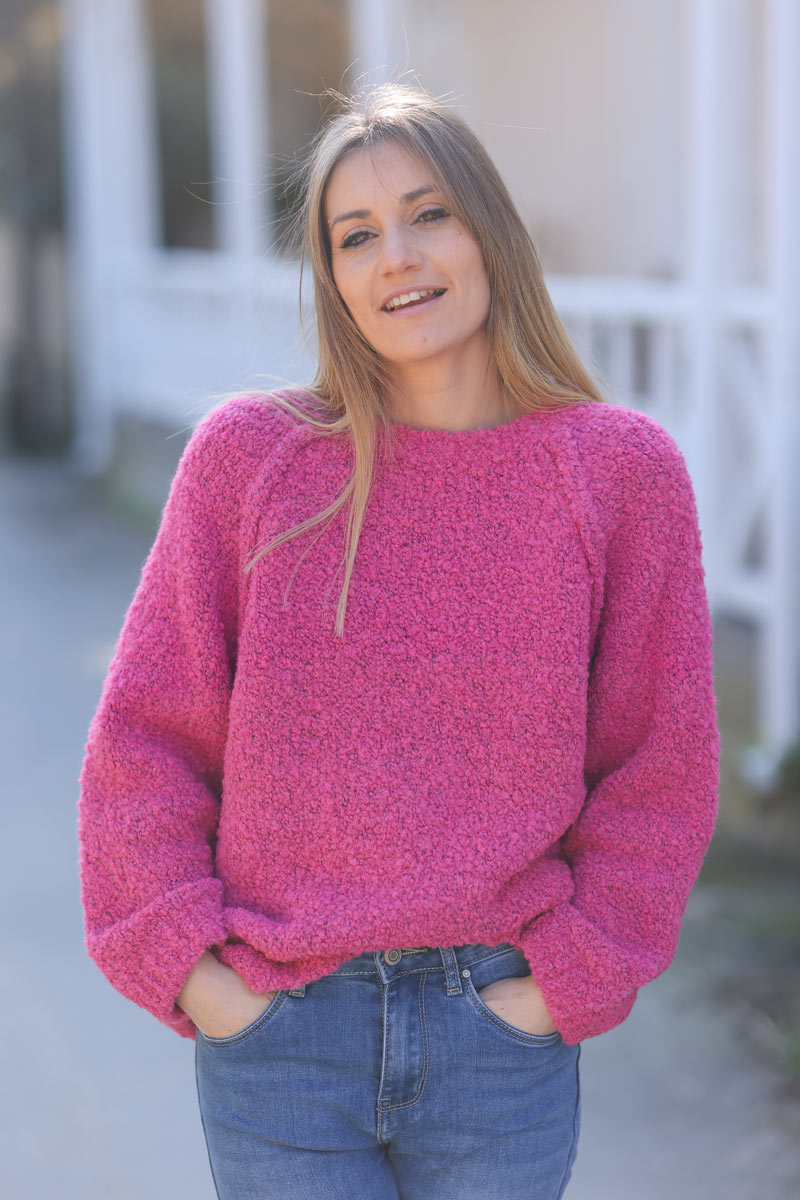 Fuchsia bouclette knit sweater with inside out seams