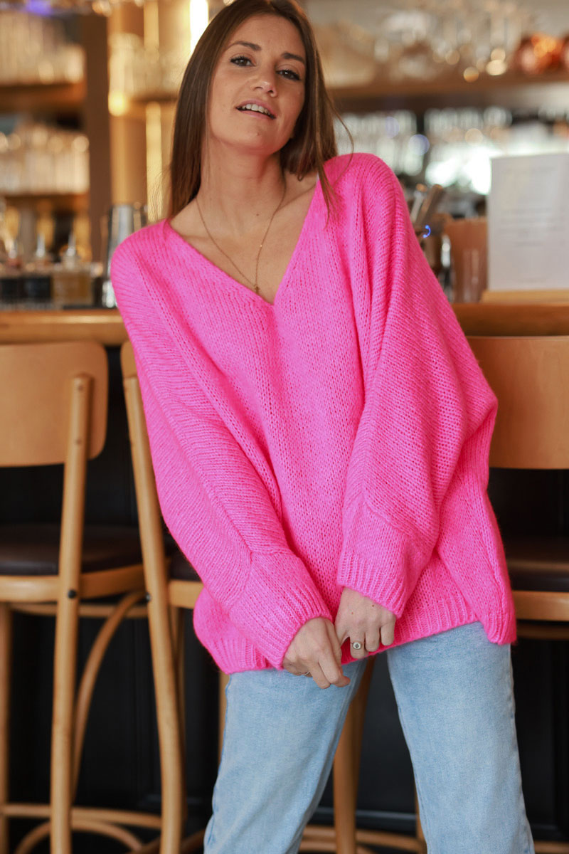 Flash fuchsia Woollen V-Neck Sweater with Batwing Sleeves