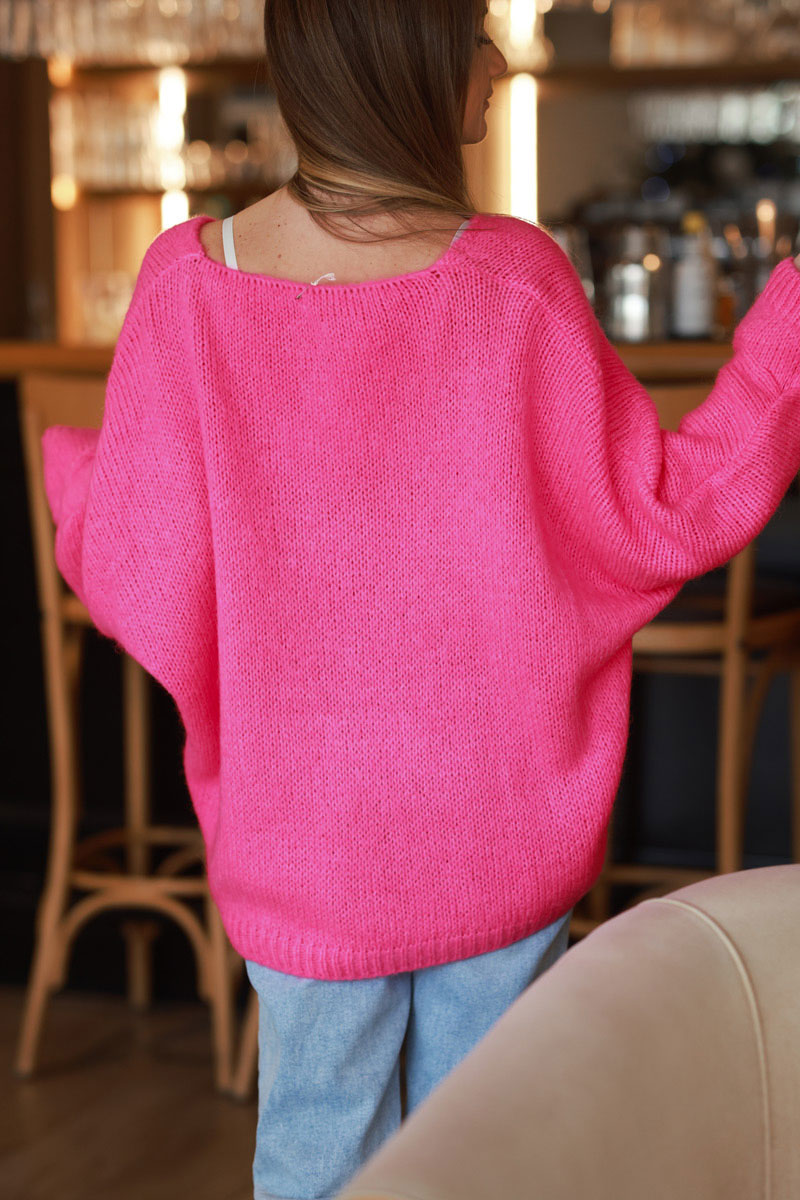 Hot Pink Woollen V-Neck Sweater with Batwing Sleeves