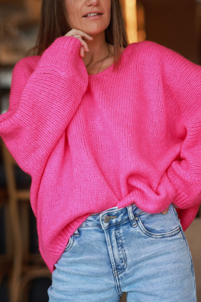 Hot Pink Woollen V-Neck Sweater with Batwing Sleeves