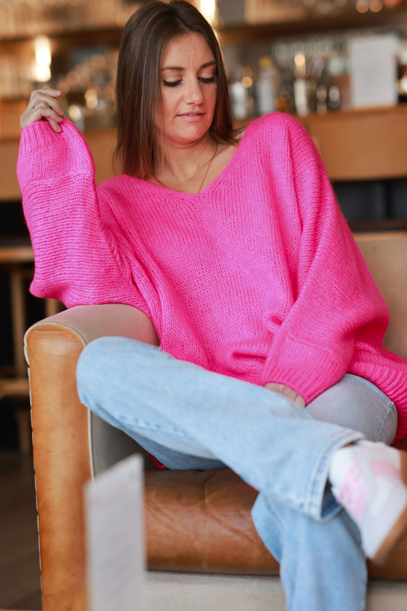 Hot Pink Woollen V-Neck Sweater with Batwing Sleeves