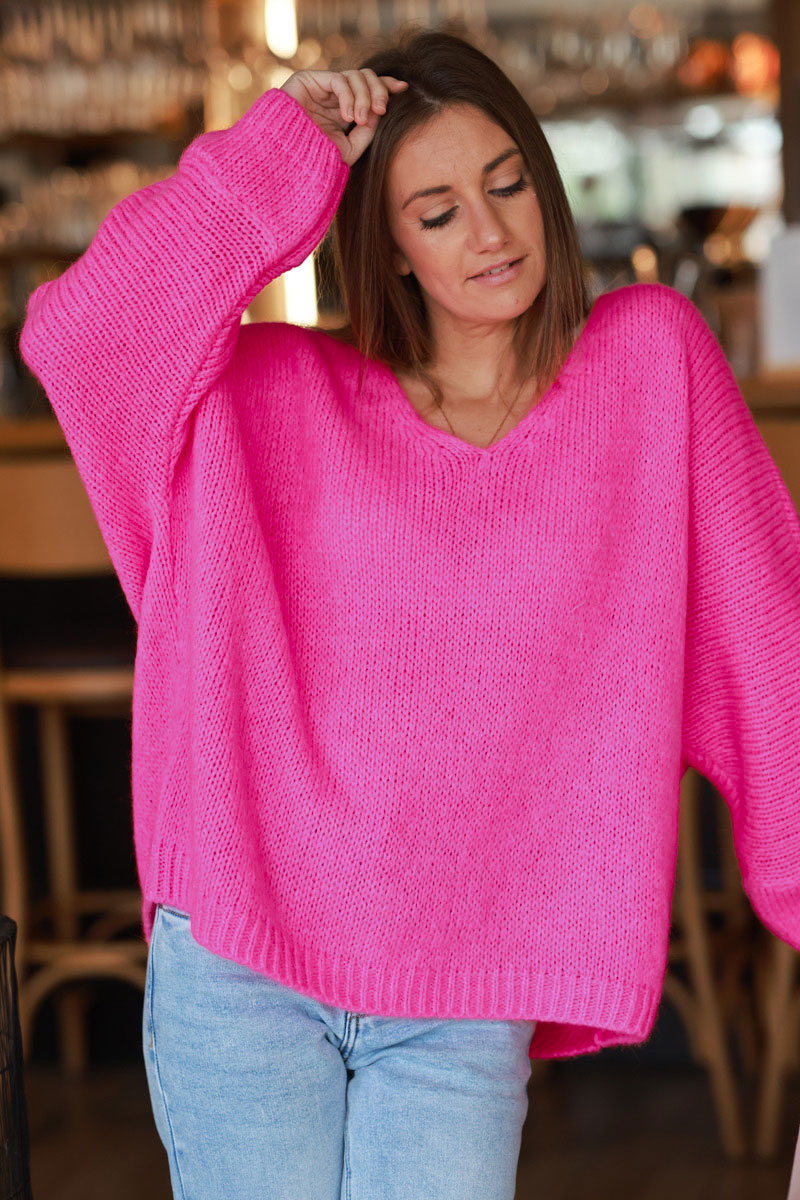 Flash fuchsia Woollen V-Neck Sweater with Batwing Sleeves