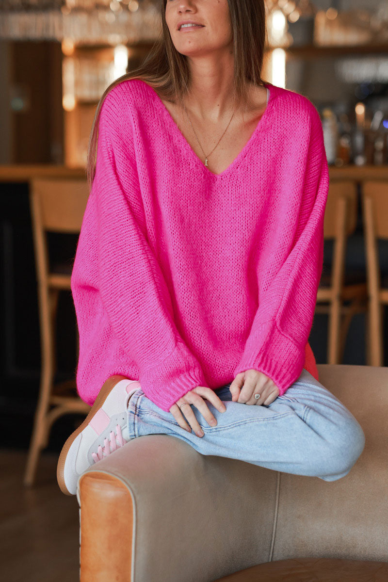 Flash fuchsia Woollen V-Neck Sweater with Batwing Sleeves