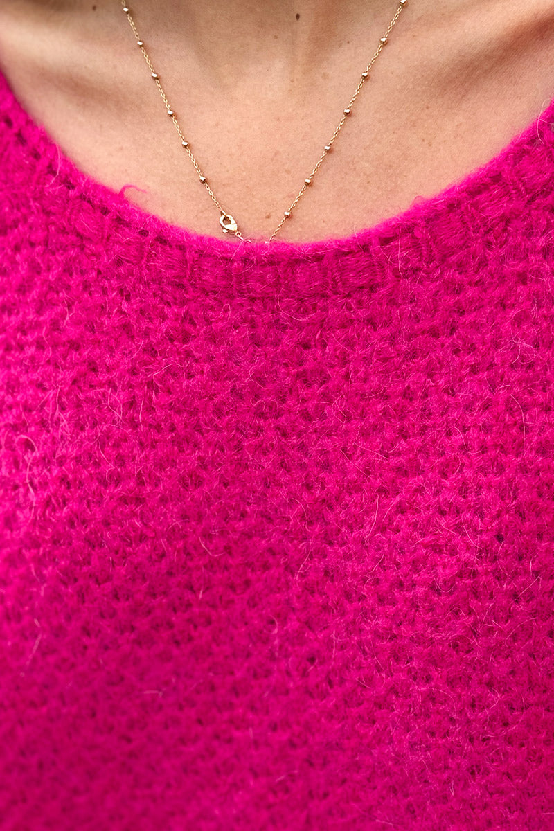 Pull fuchsia en maille fine nid d’abeille mohair col bateau