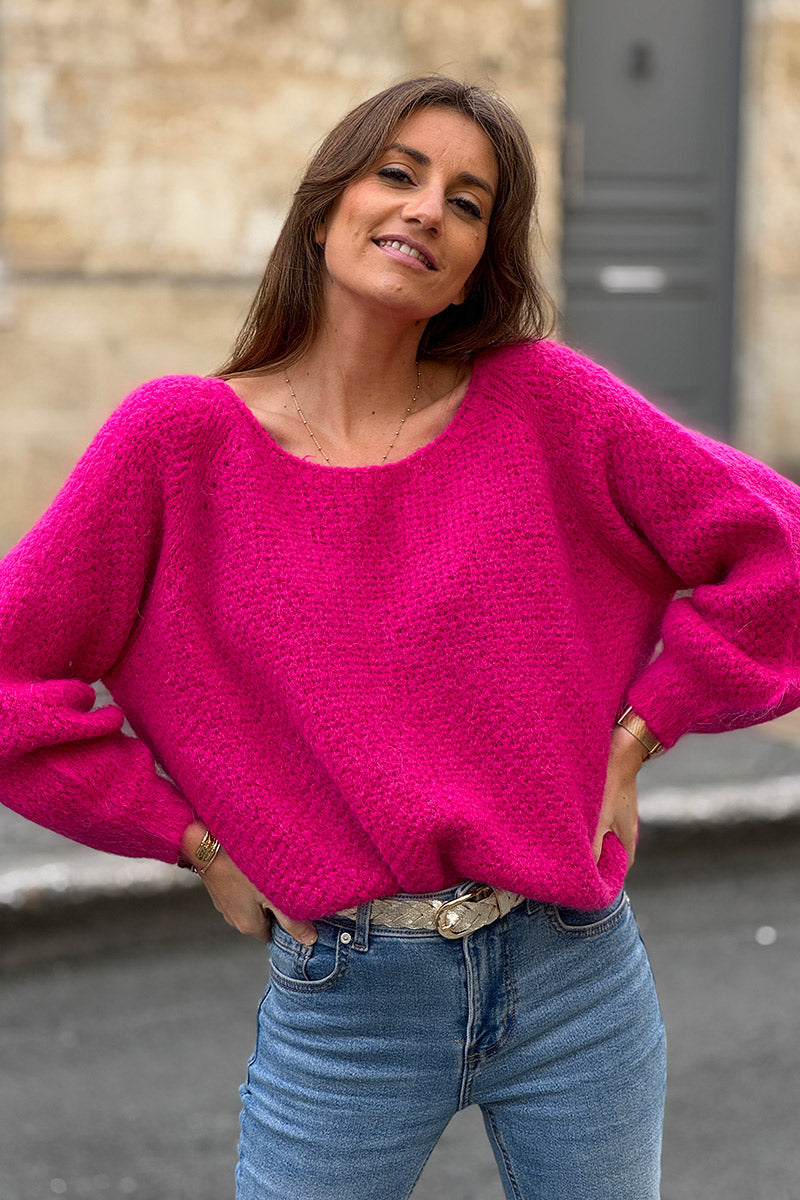 Pull fuchsia en maille fine nid d’abeille mohair col bateau