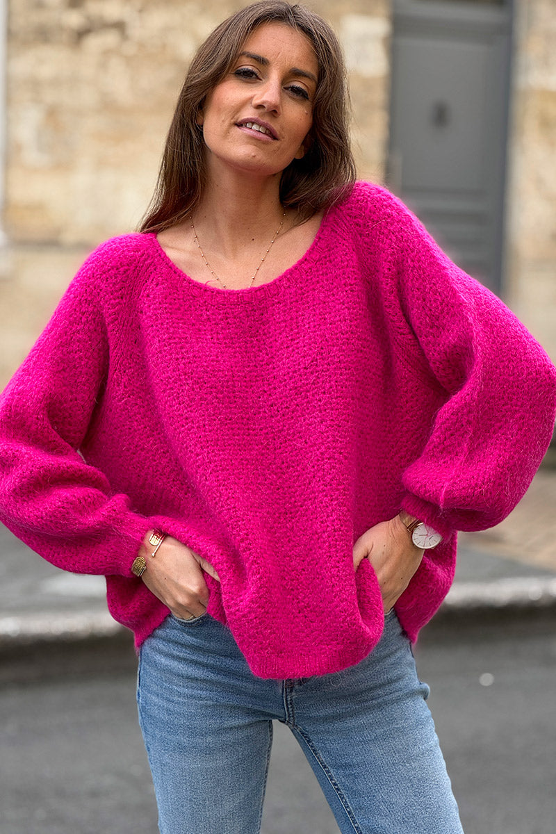 Pull fuchsia en maille fine nid d’abeille mohair col bateau