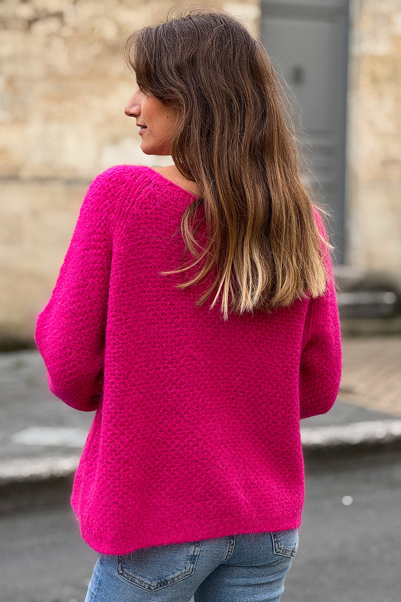 Pull fuchsia en maille fine nid d’abeille mohair col bateau