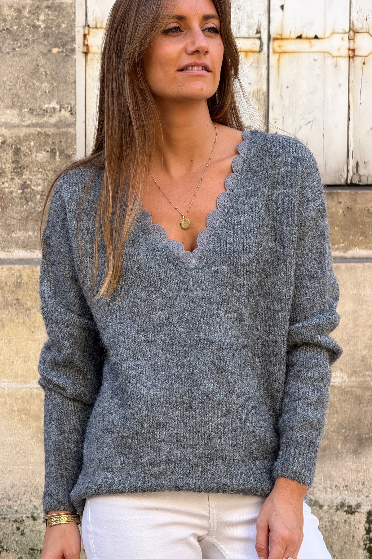 Heather Gray Scallop Neck Knit Sweater

