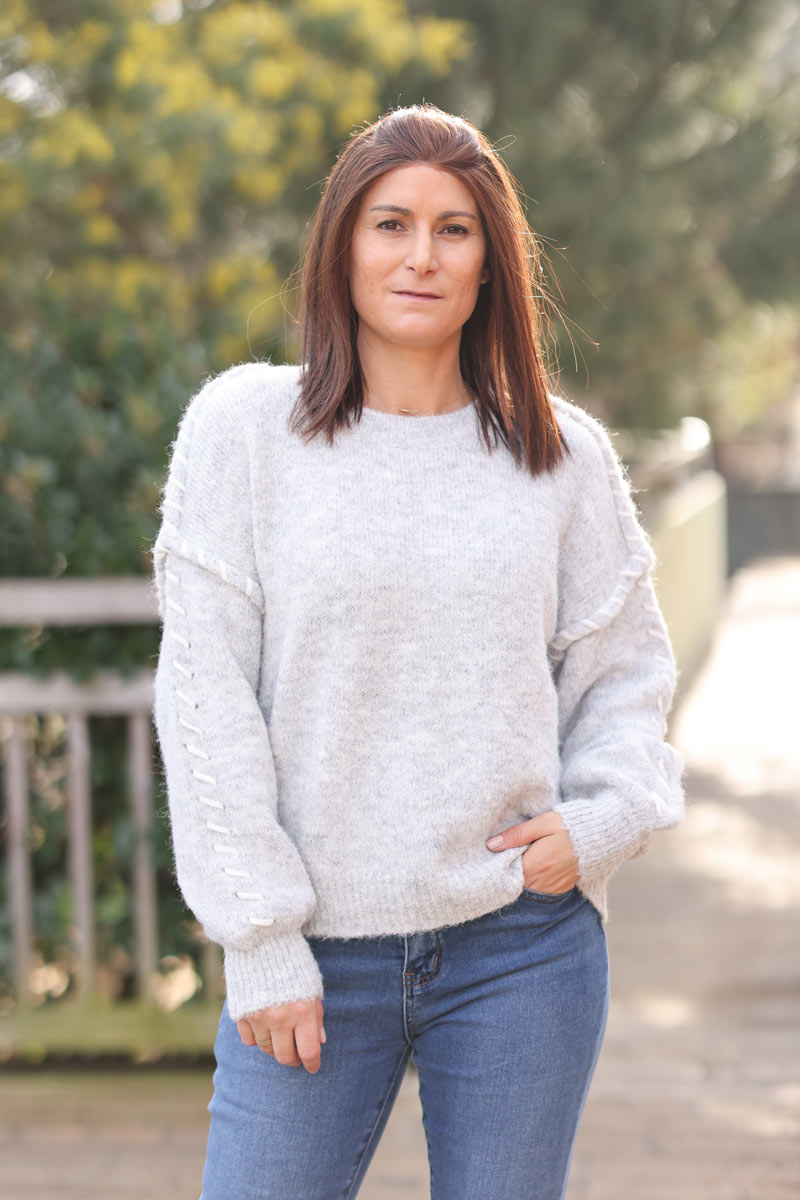 Chunky soft knit sweater in heather grey with inside out stitch detail