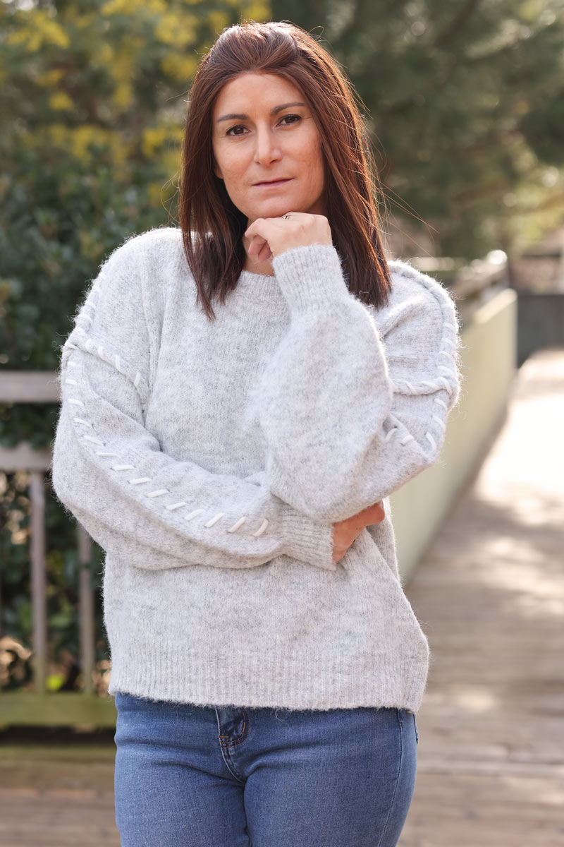 Chunky soft knit sweater in heather grey with inside out stitch detail