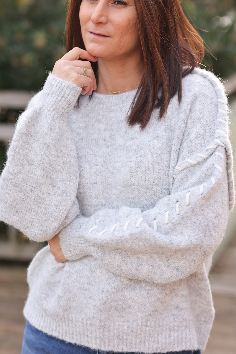 Chunky soft knit sweater in heather grey with inside out stitch detail