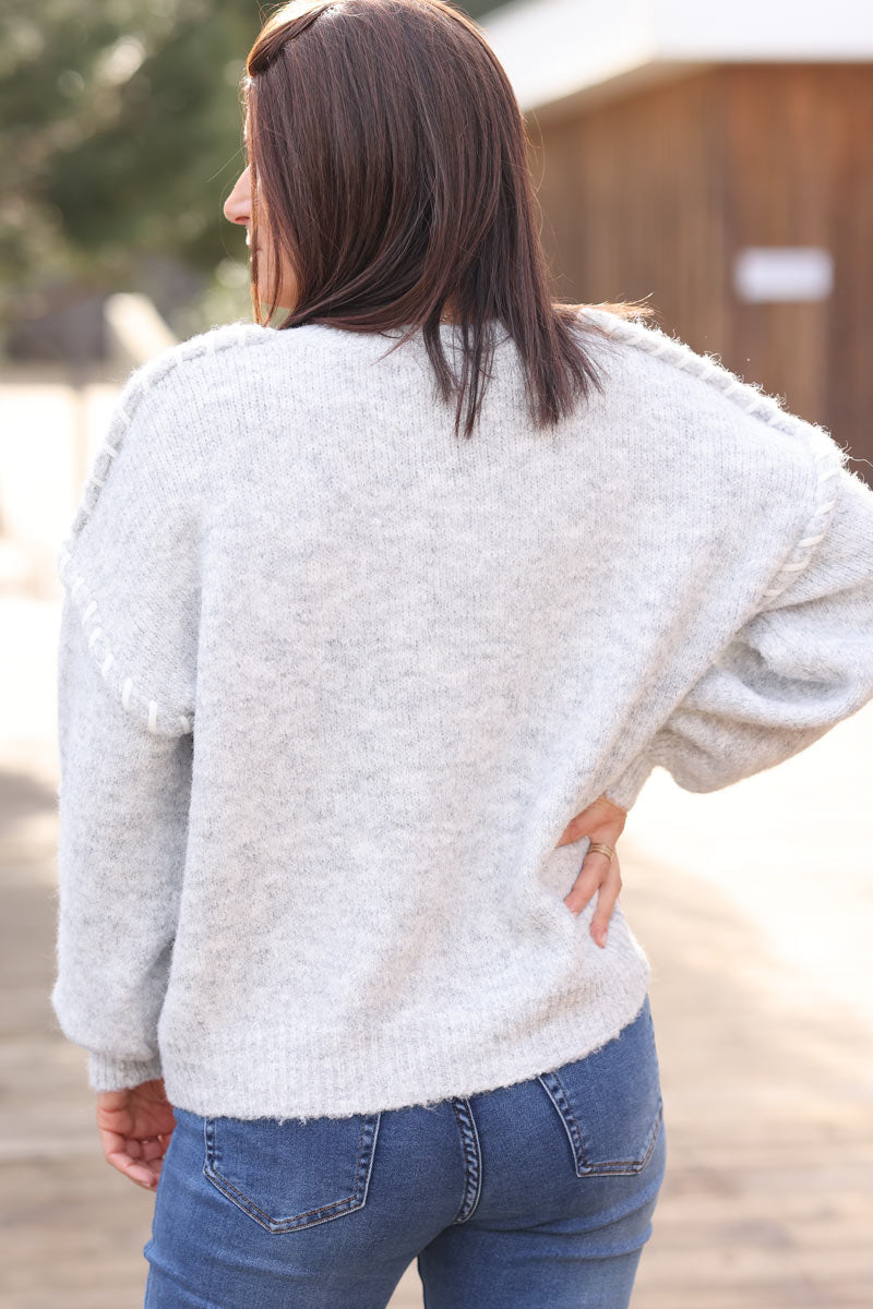 Chunky soft knit sweater in heather grey with inside out stitch detail