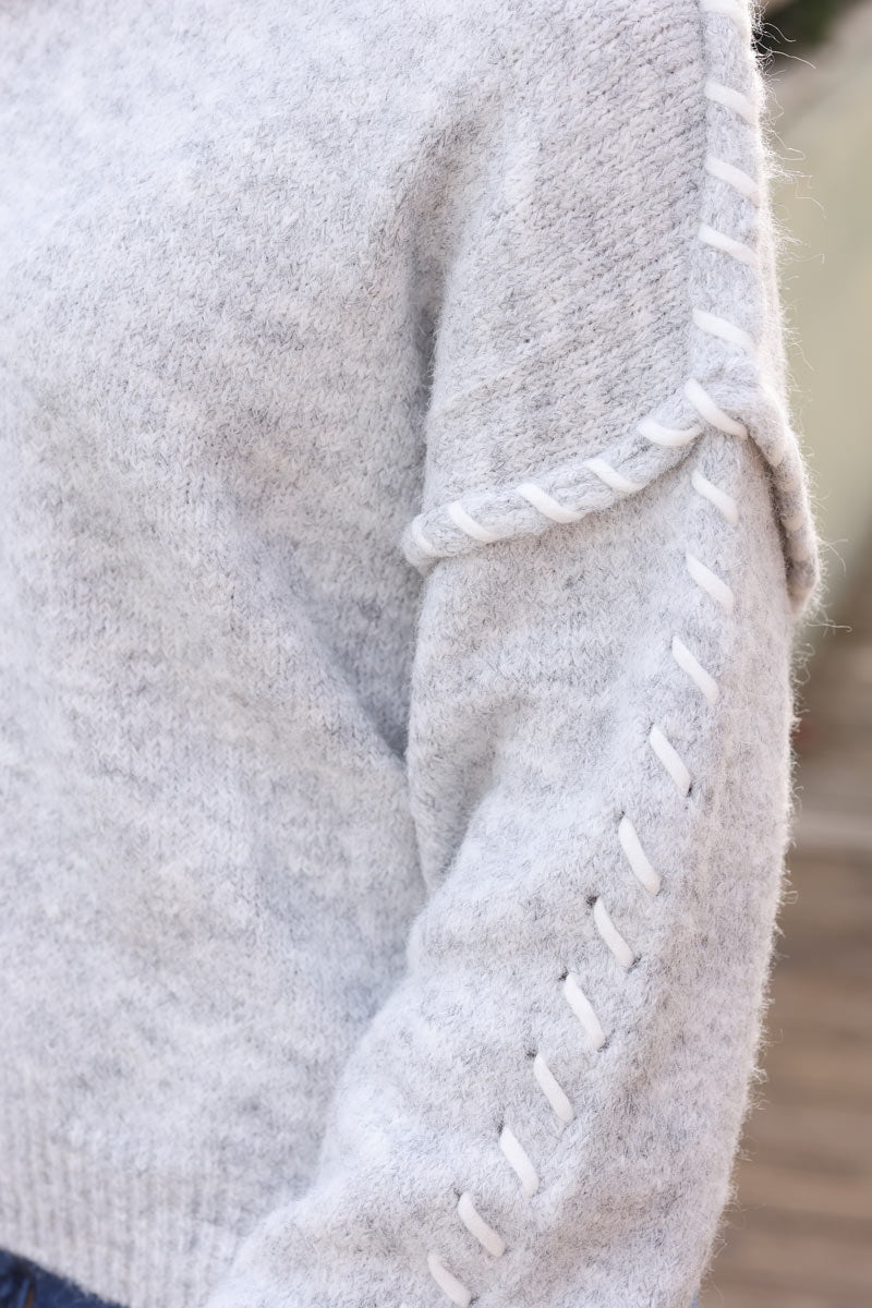 Chunky soft knit sweater in heather grey with inside out stitch detail