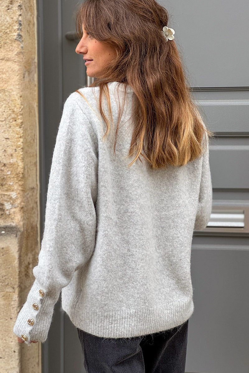 Gray Wool Blend Sweater with Gold Button Cuffs