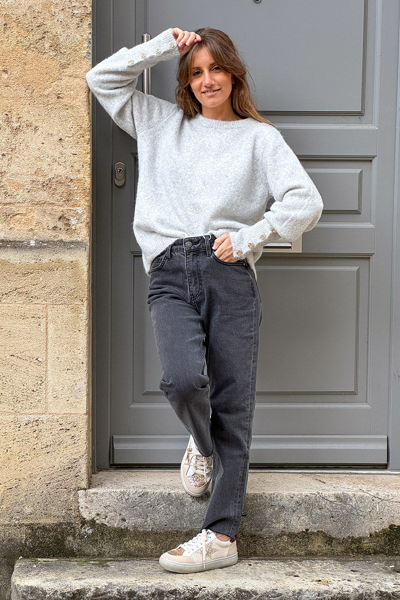 Gray Wool Blend Sweater with Gold Button Cuffs