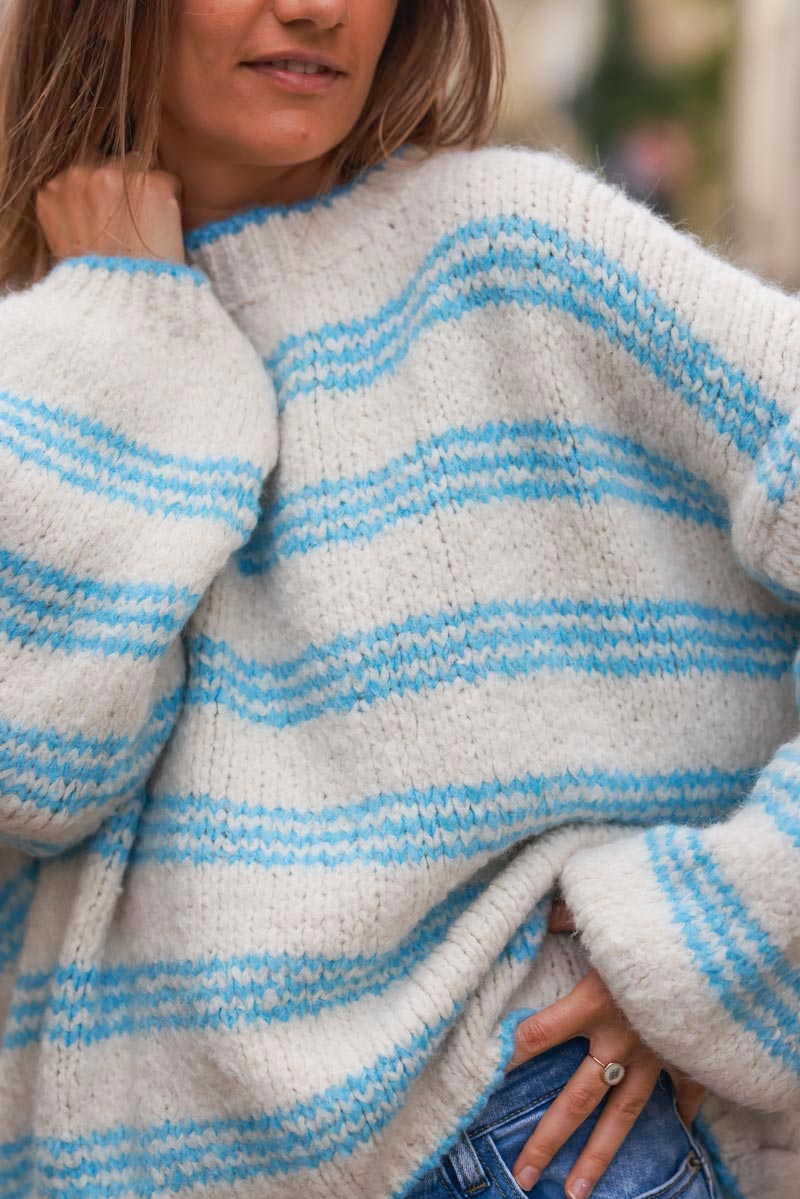 Beige chunky knit sweater with sky blue stripes