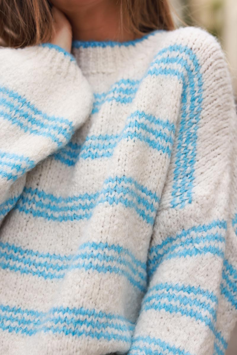 Beige chunky knit sweater with sky blue stripes