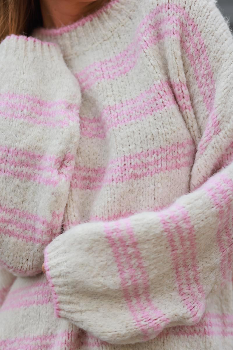 Beige chunky knit sweater with soft pink stripes