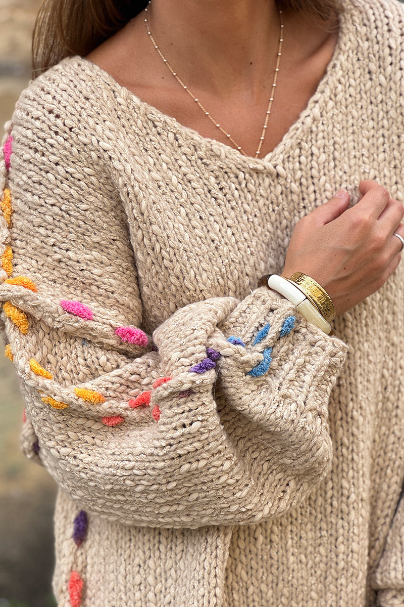 Beige Rainbow Yarn Trim Sweater