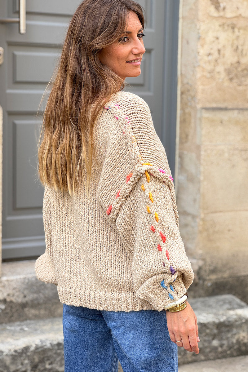 Beige Rainbow Yarn Trim Sweater