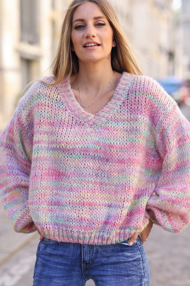 Pull grosse maille chine multicolore pastel H249 (1)