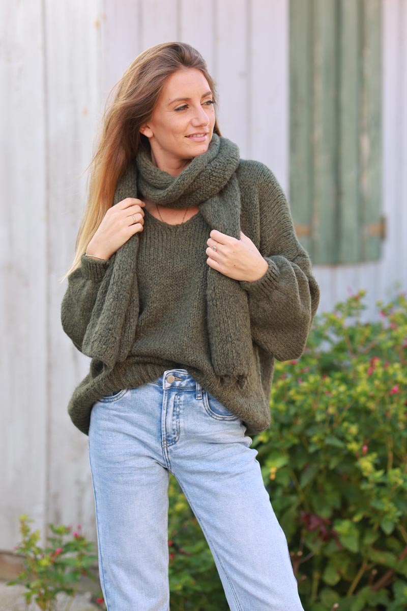 Khaki Soft Knit Wool Blend Sweater with Scarf