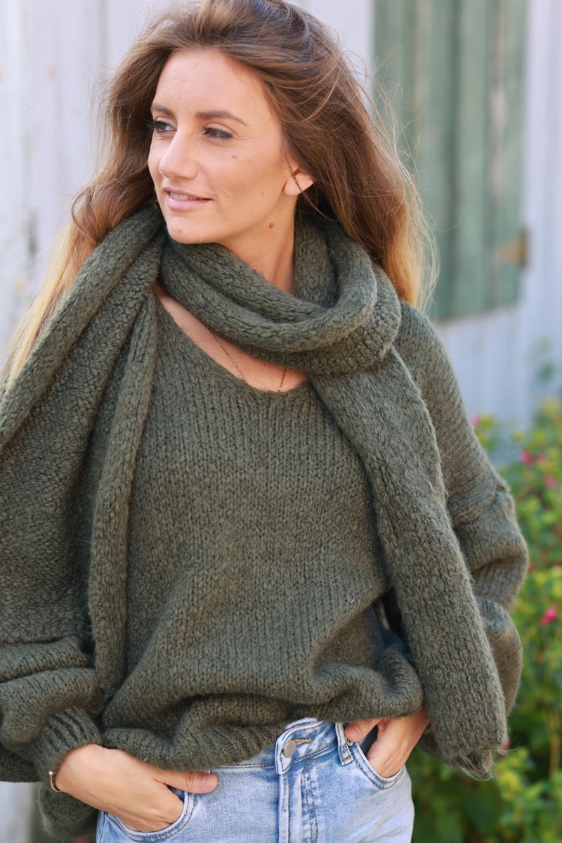 Khaki Soft Knit Wool Blend Sweater with Scarf