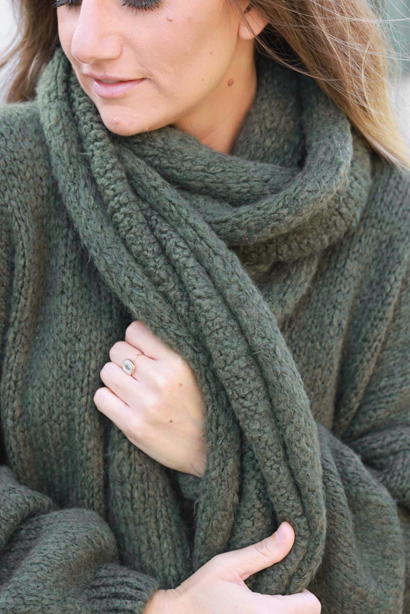 Khaki Soft Knit Wool Blend Sweater with Scarf