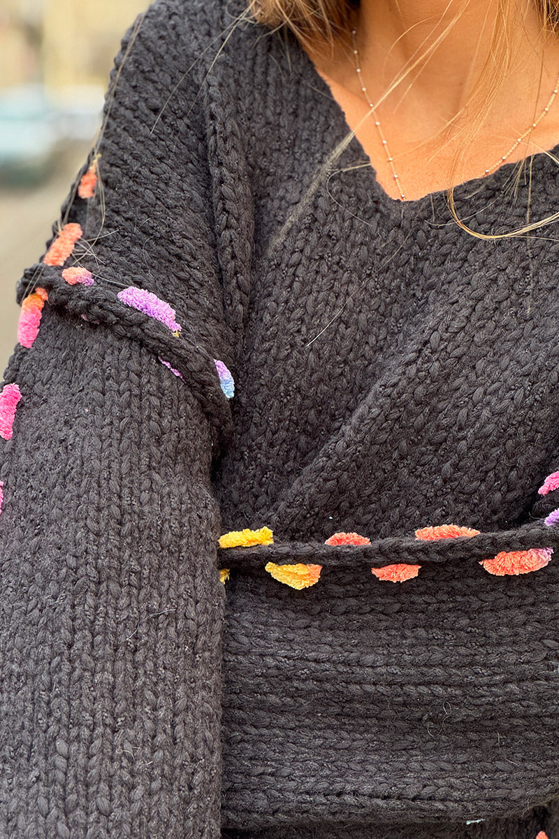 Black Rainbow Yarn Trim Sweater
