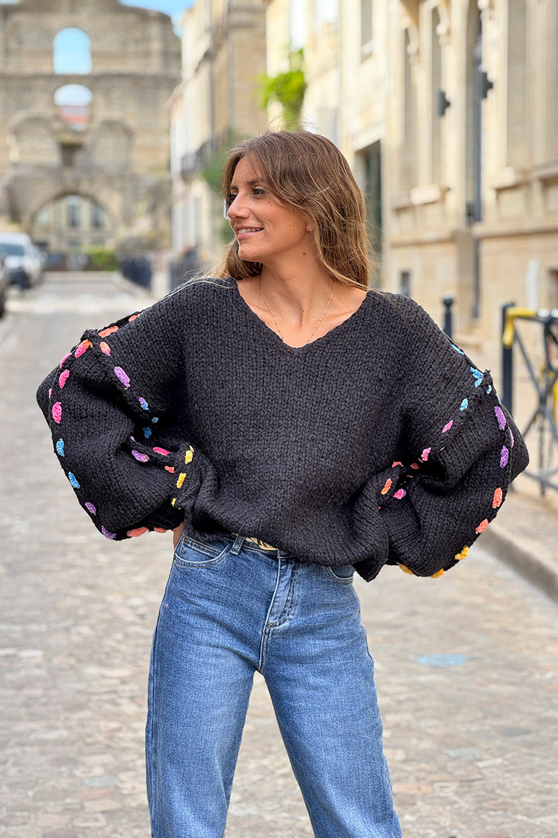 Black Rainbow Yarn Trim Sweater