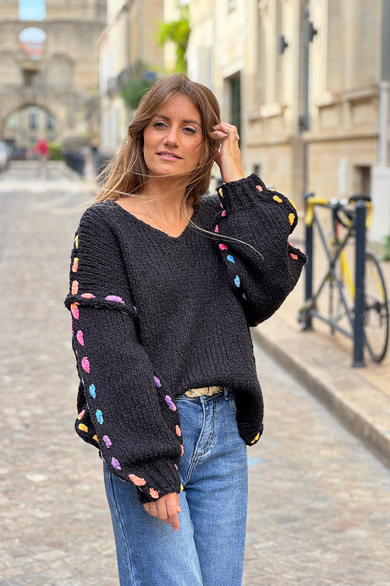 Black Rainbow Yarn Trim Sweater