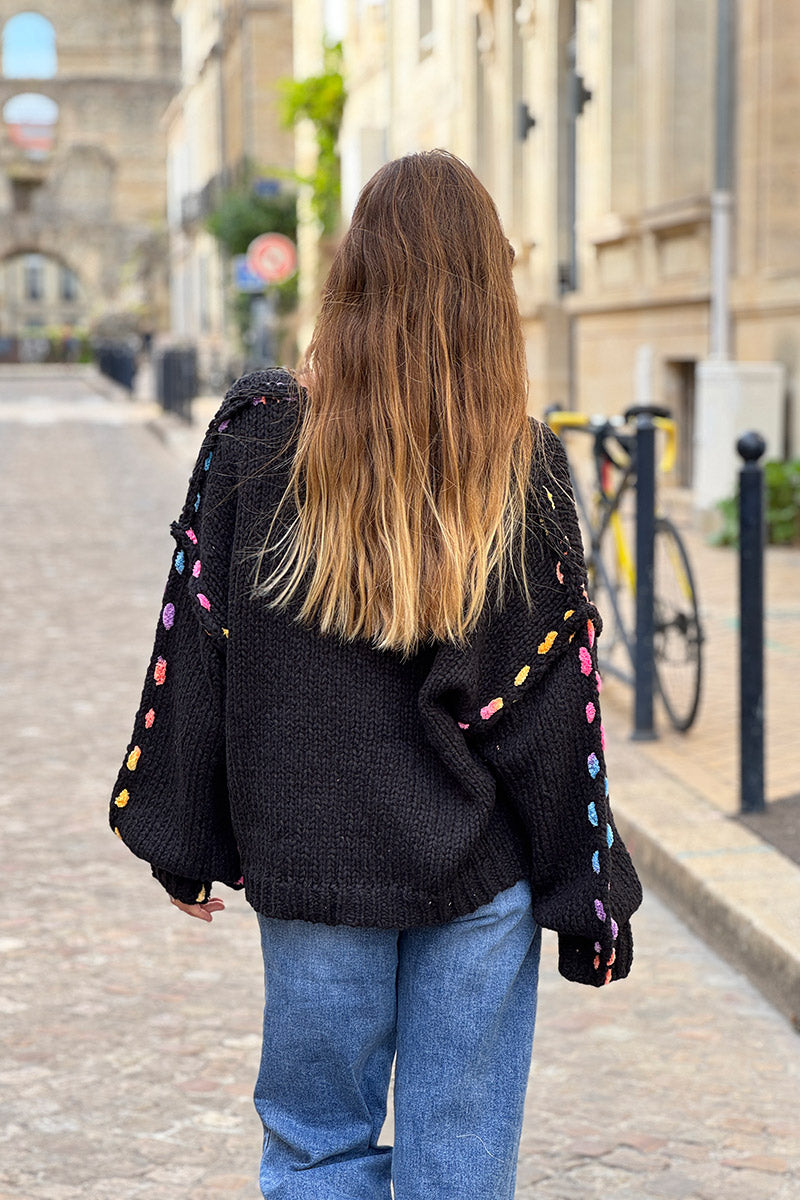 Black Rainbow Yarn Trim Sweater
