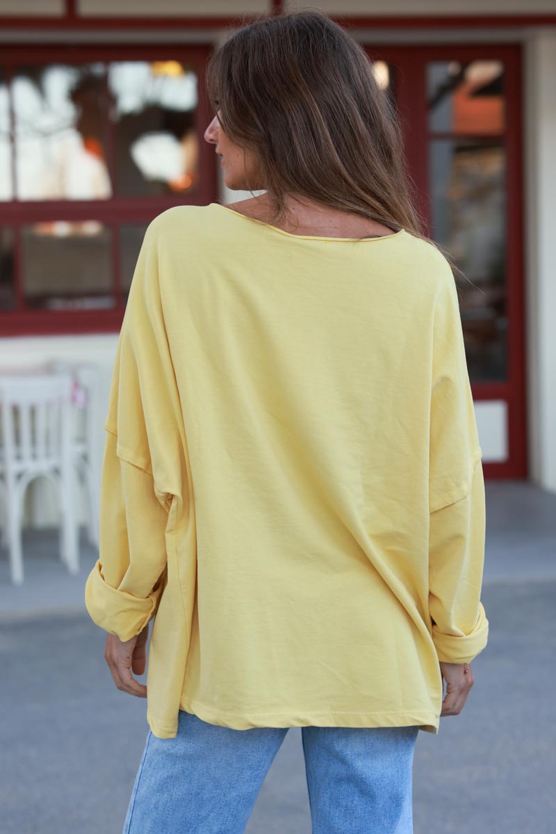 Pull jaune large oversize col rond en coton stretch coutures apparentes