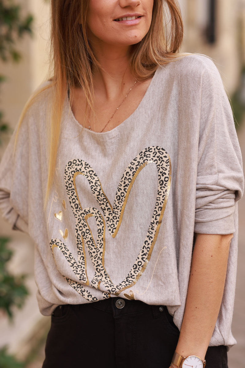 Beige Leopard Hearts Long-Sleeve Tee