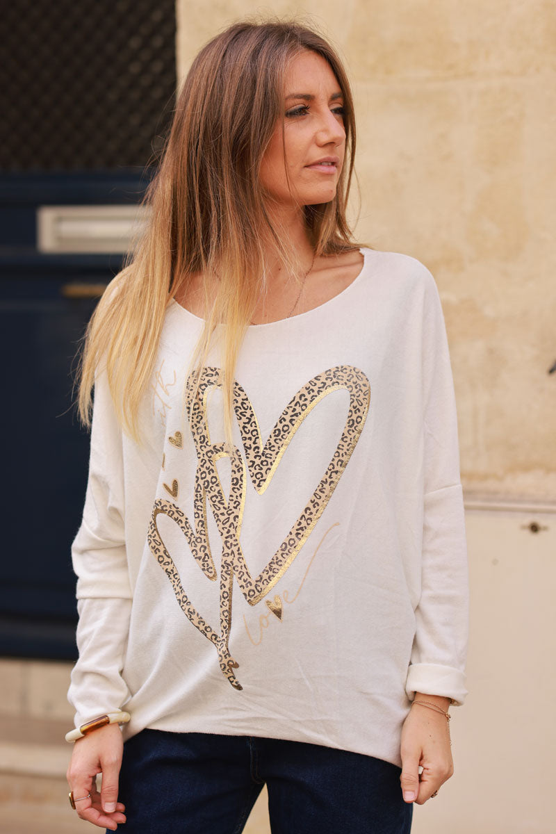 Pull jersey blanc cassé tout doux loose cœur love léopard