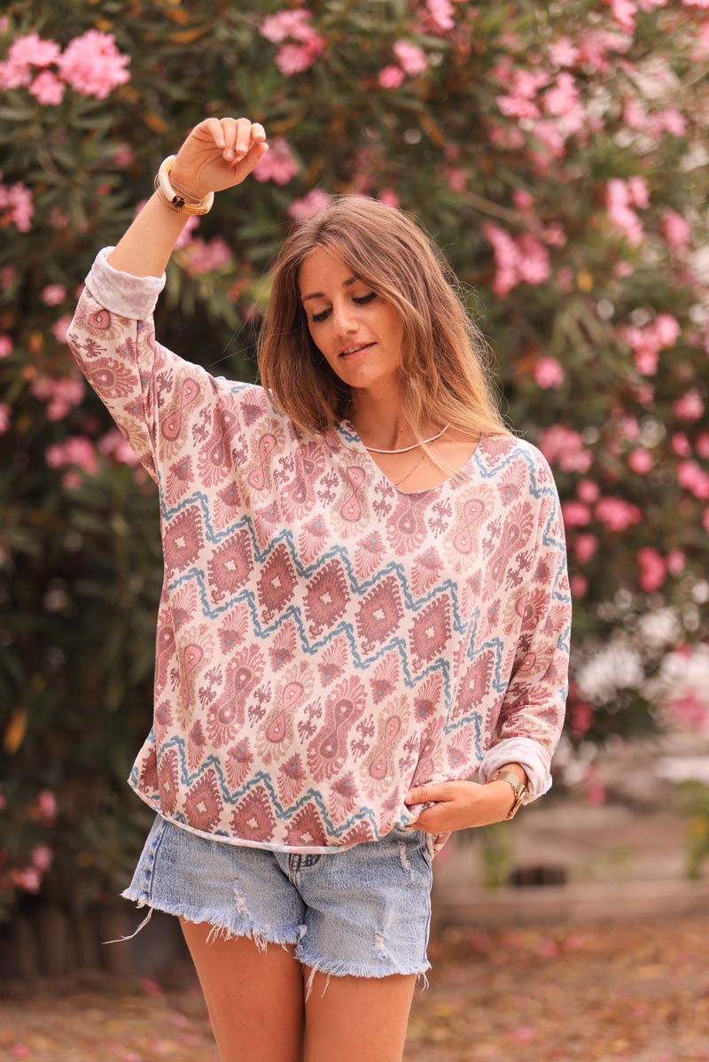 Pull jersey bois de rose petite maille fine motifs aztèques