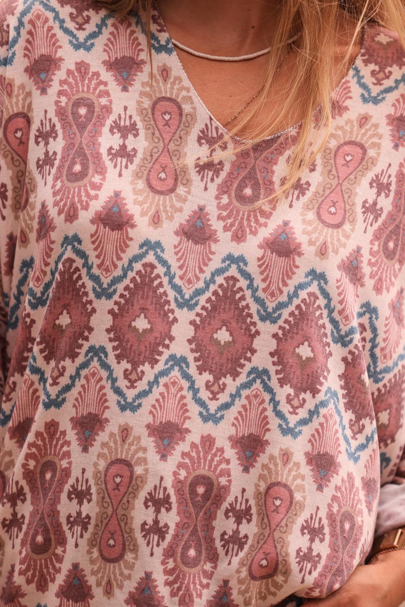 Rosewood fine knit jersey sweater with aztec print