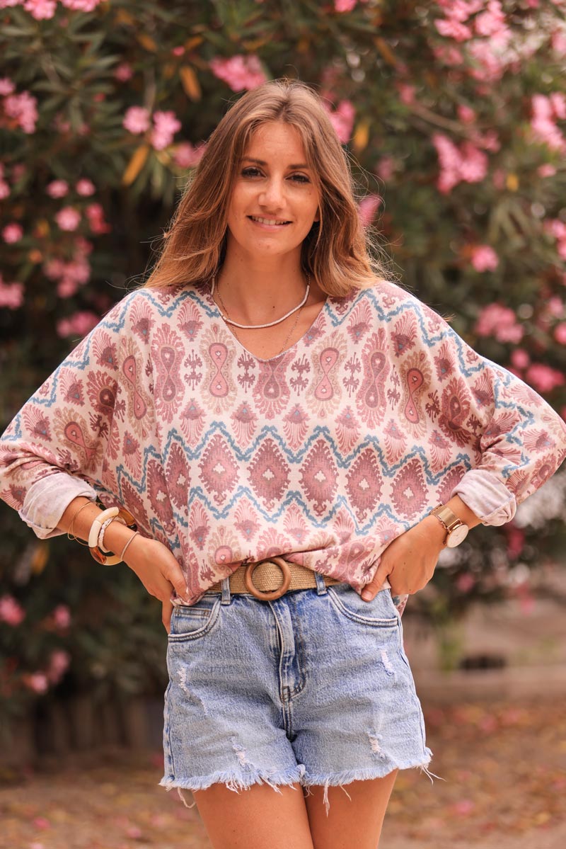 Rosewood fine knit jersey sweater with aztec print