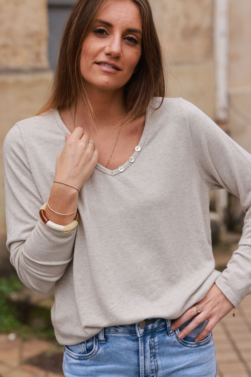 Beige Long-Sleeve V-Neck Tee with Button Detail