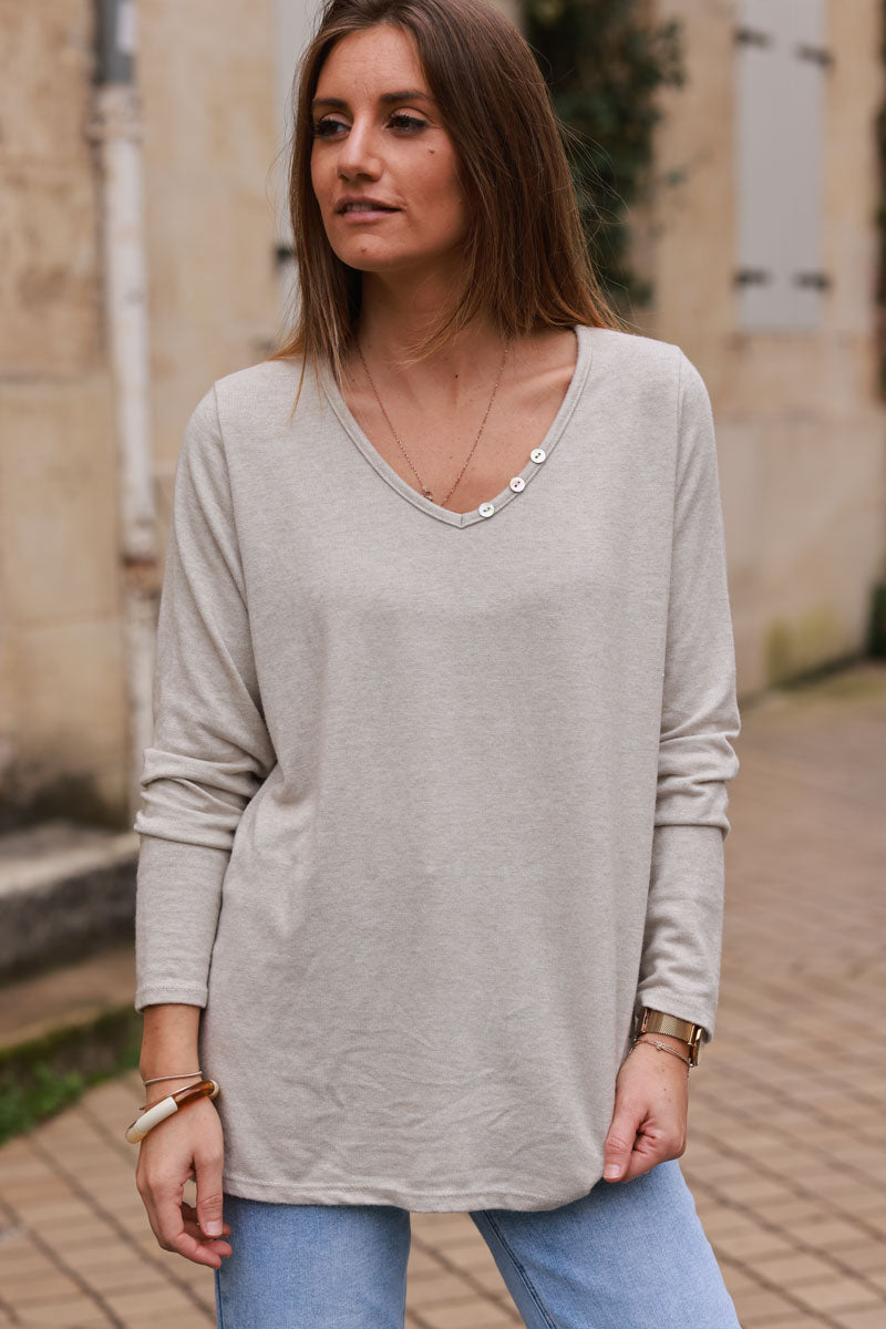 Beige Long-Sleeve V-Neck Tee with Button Detail