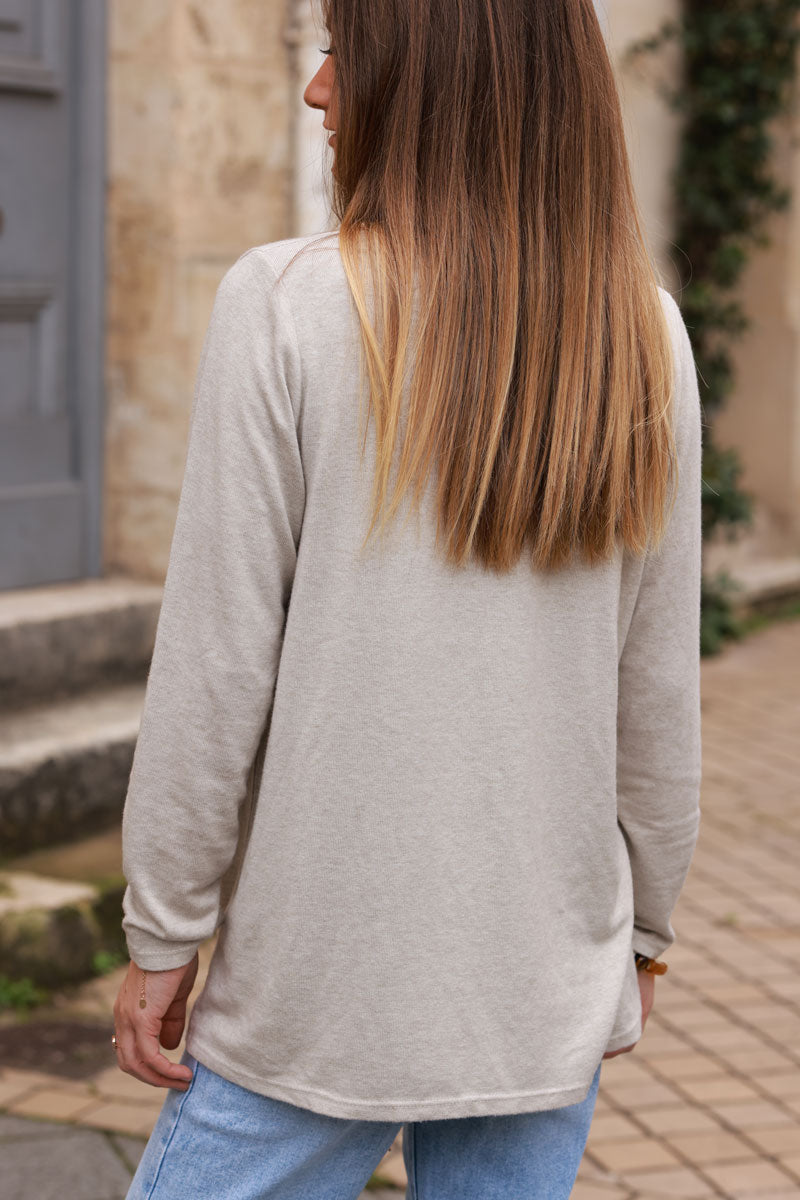 Beige Long-Sleeve V-Neck Tee with Button Detail