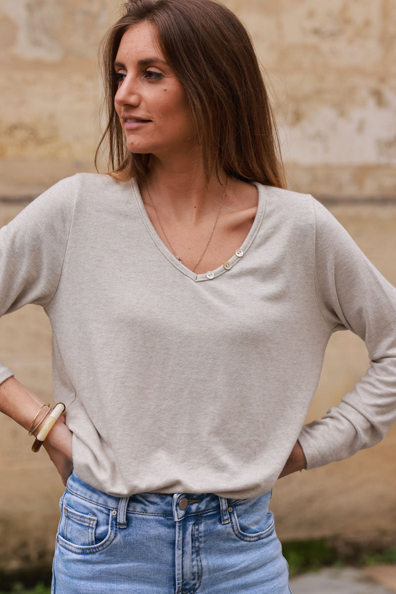 Beige Long-Sleeve V-Neck Tee with Button Detail