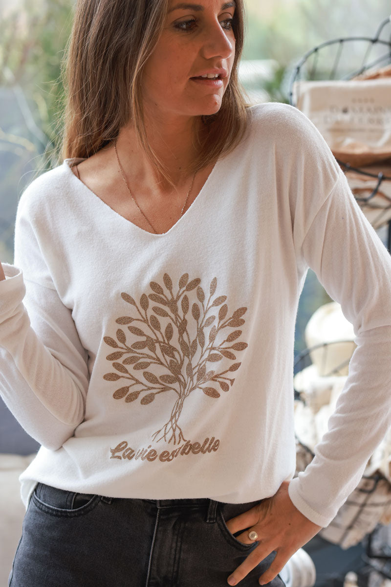 Pull jersey doux blanc cassé arbre de vie brillant doré La vie est belle