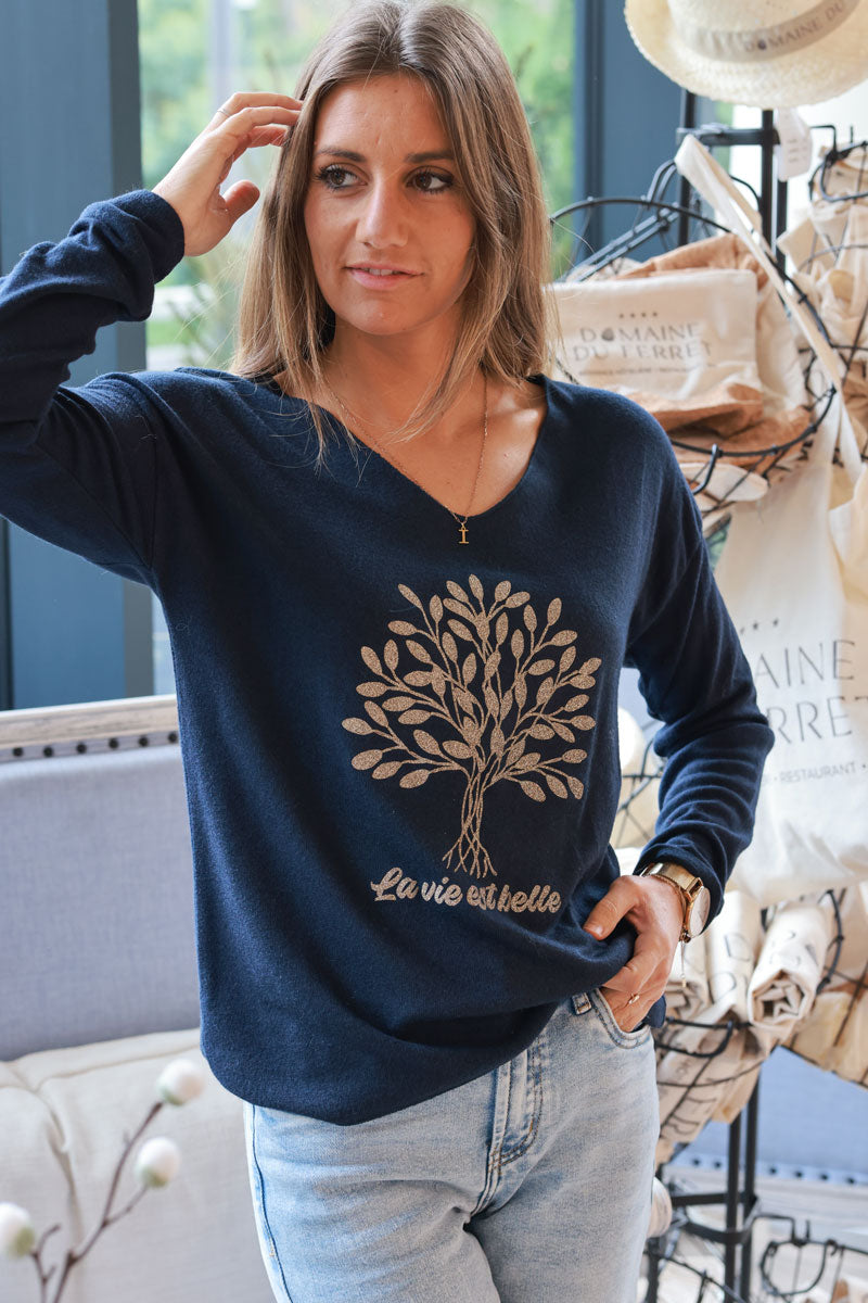 Navy blue “La Vie Est Belle” Gold Glitter Tree Long-Sleeve Tee