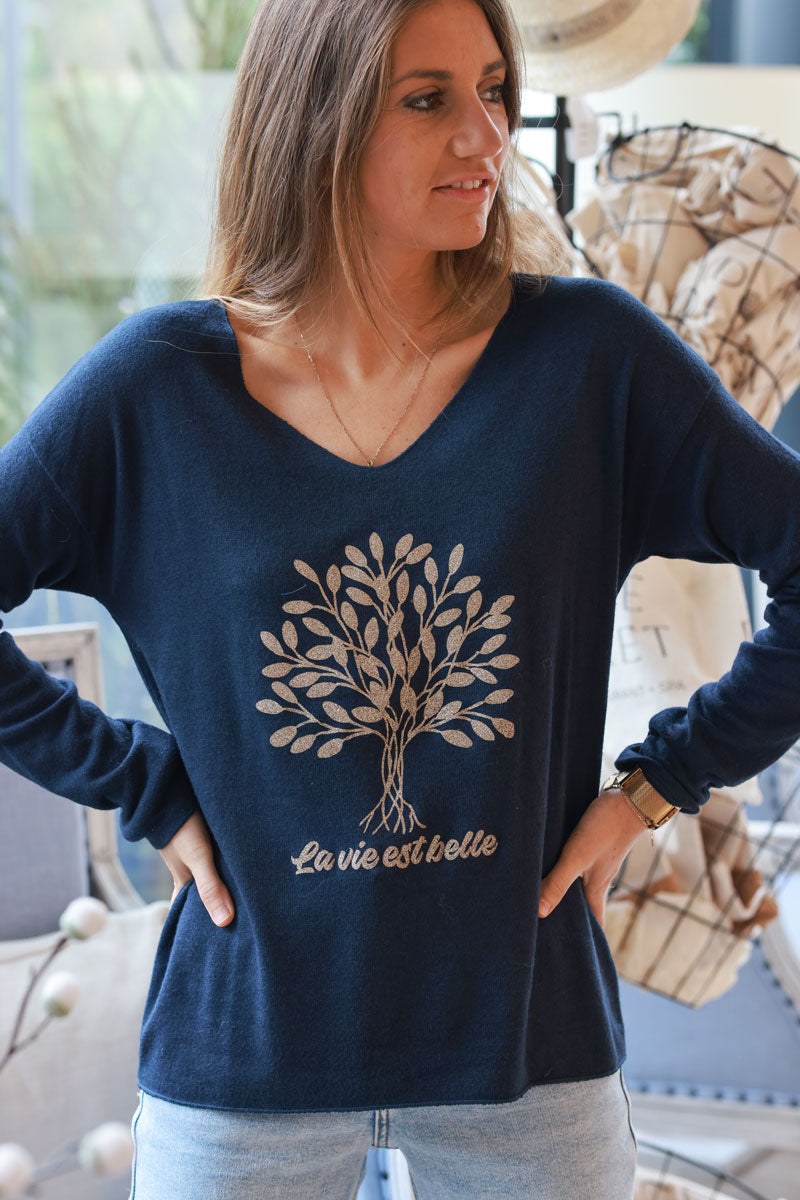 Navy blue “La Vie Est Belle” Gold Glitter Tree Long-Sleeve Tee