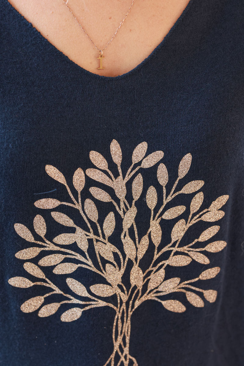 Navy blue “La Vie Est Belle” Gold Glitter Tree Long-Sleeve Tee