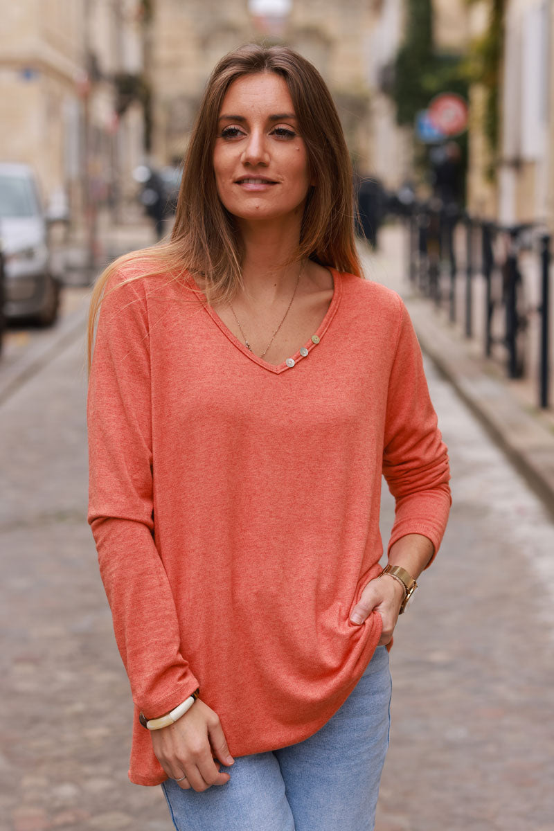 Brick color Long-Sleeve V-Neck Tee with Button Detail