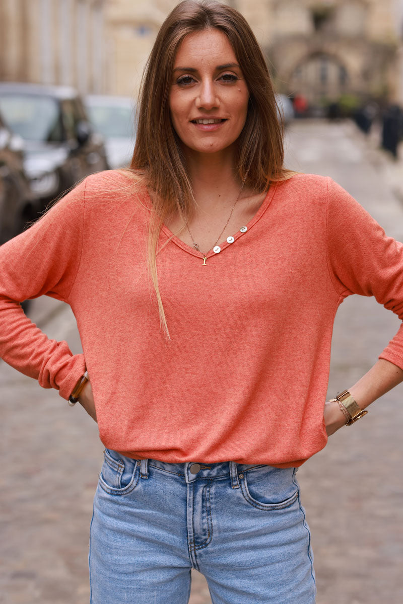 Brick color Long-Sleeve V-Neck Tee with Button Detail