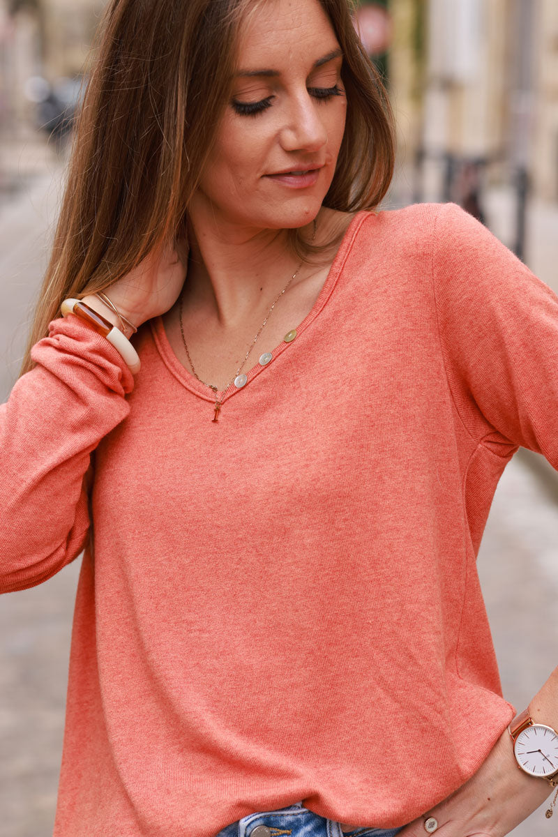 Brick color Long-Sleeve V-Neck Tee with Button Detail