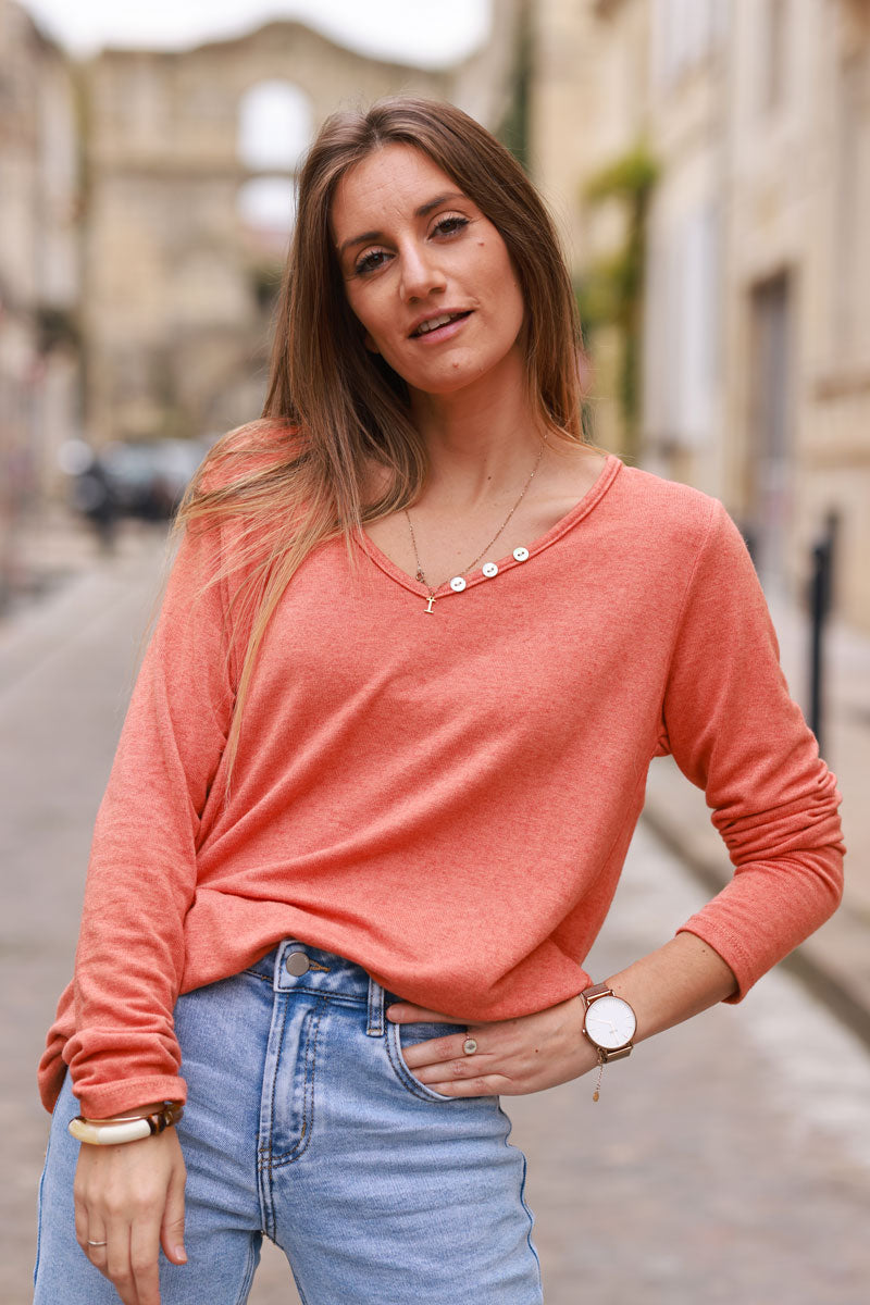 Brick color Long-Sleeve V-Neck Tee with Button Detail